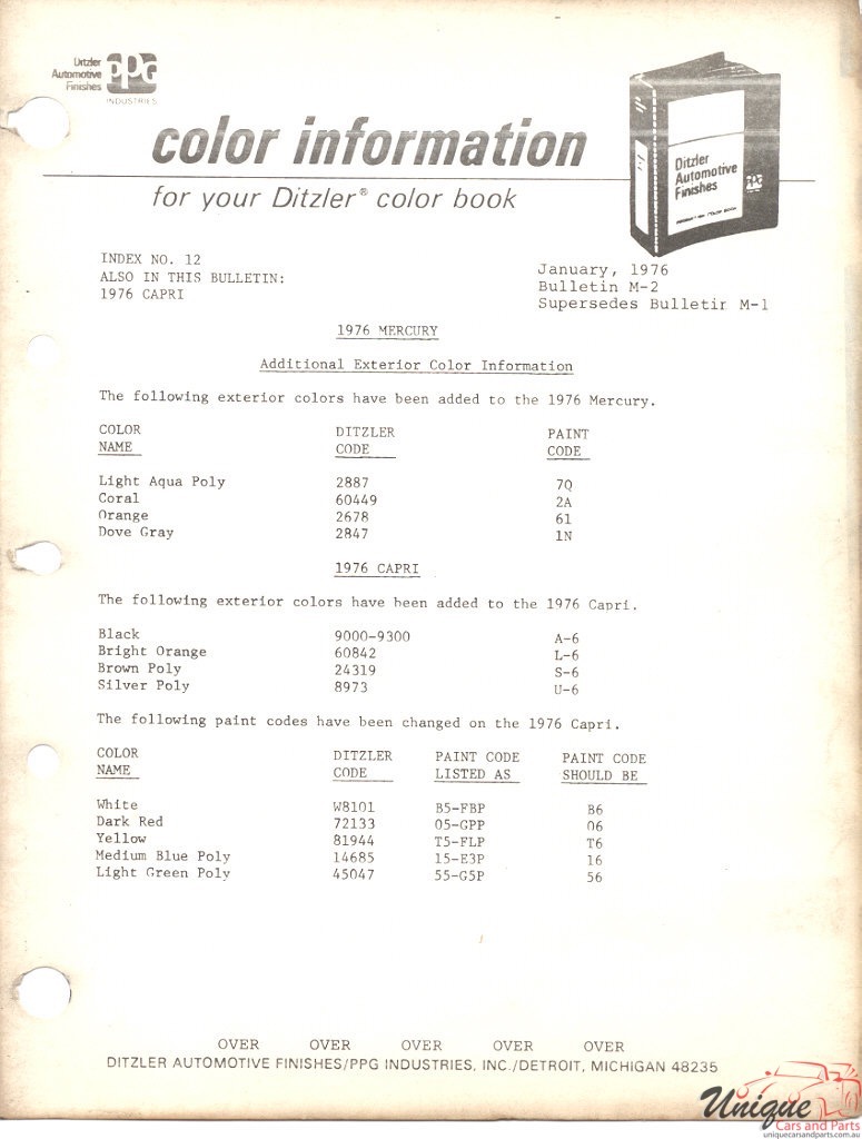 1976 Mercury Paint Charts Ford Paint Charts Capri PPG 3